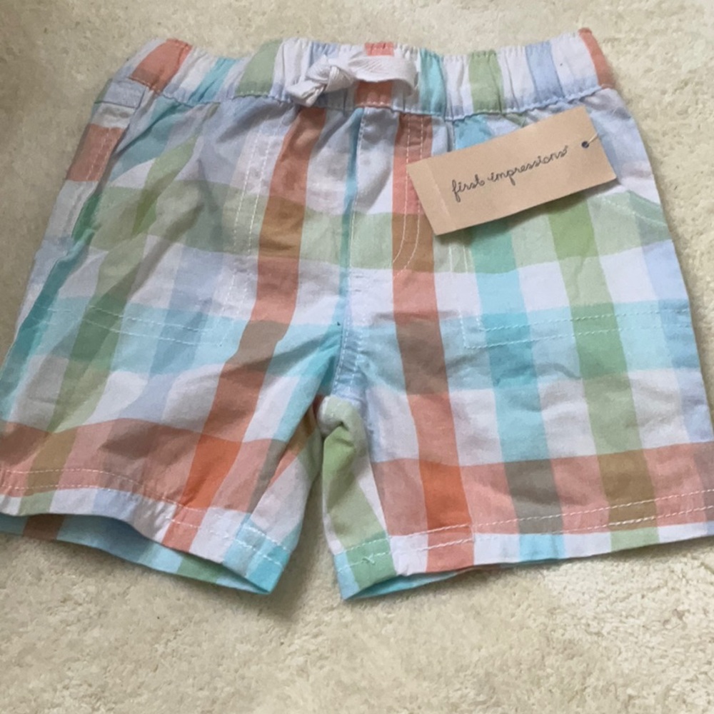 First Impressions NWT plaid pull-up shorts. 6-9m